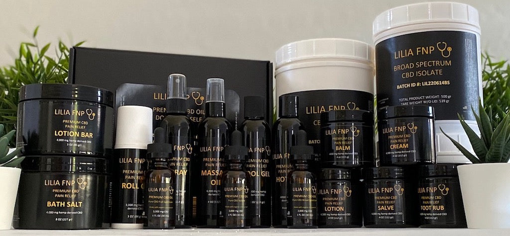 LILIA FNP CBD PRODUCTS FULL SPECTRUM BROAD SPECTRUM ISOLATE PREMIUM CBD PAIN RELIEF PRODUCTS CRAM BALM FOOT RUB SALVE LOTION CREAM BATH SALT SPRAY HOT GEL COOL GEL MASSAGE OIL CBD DO-IT-YOURSELF OILS 3000 mg 4000 mg ROLL ON 