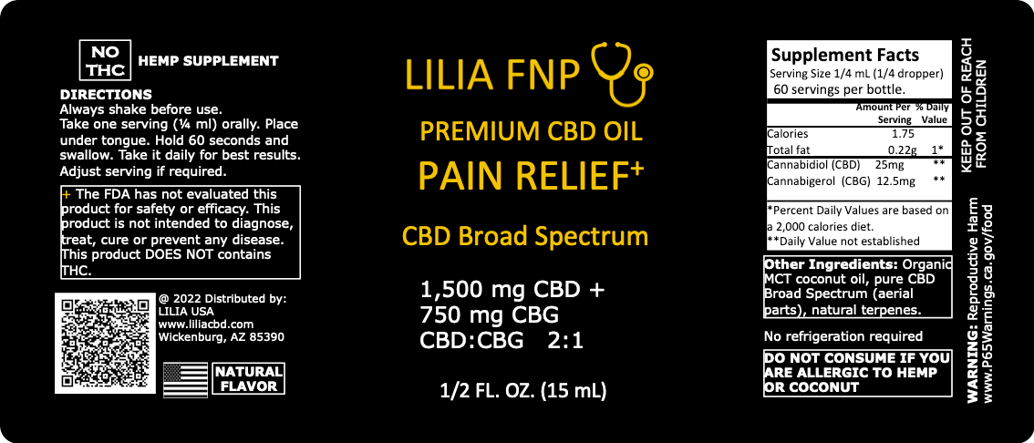 PAIN RELIEF CBD OIL – PAIN RELIEF+ BROAD SPECTRUM / 1 fl oz (30 mL). CBD 3,000 mg / CBG 1500 mg / CBD:CBG 2:1 / ACEITE DE CBD PARA ALIVIAR EL DOLOR ESPECTRO AMPLIO