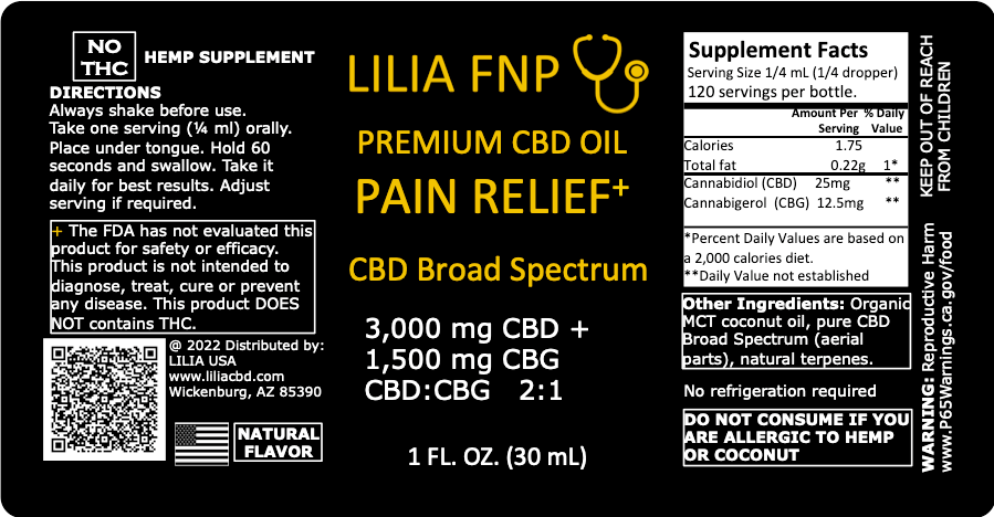 PAIN RELIEF CBD OIL – PAIN RELIEF+ BROAD SPECTRUM / 1 fl oz (30 mL). CBD 3,000 mg / CBG 1500 mg / CBD:CBG 2:1 / ACEITE DE CBD PARA ALIVIAR EL DOLOR ESPECTRO AMPLIO