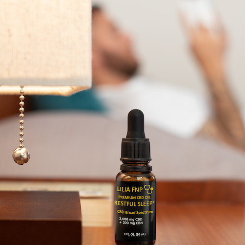 SLEEP CBD OIL – RESTFUL SLEEP BROAD SPECTRUM / 1 fl oz (30 mL). CBD 3,000 mg / CBN 300 mg / ACEITE DE CBD PARA DORMIR DE ESPECTRO AMPLIO