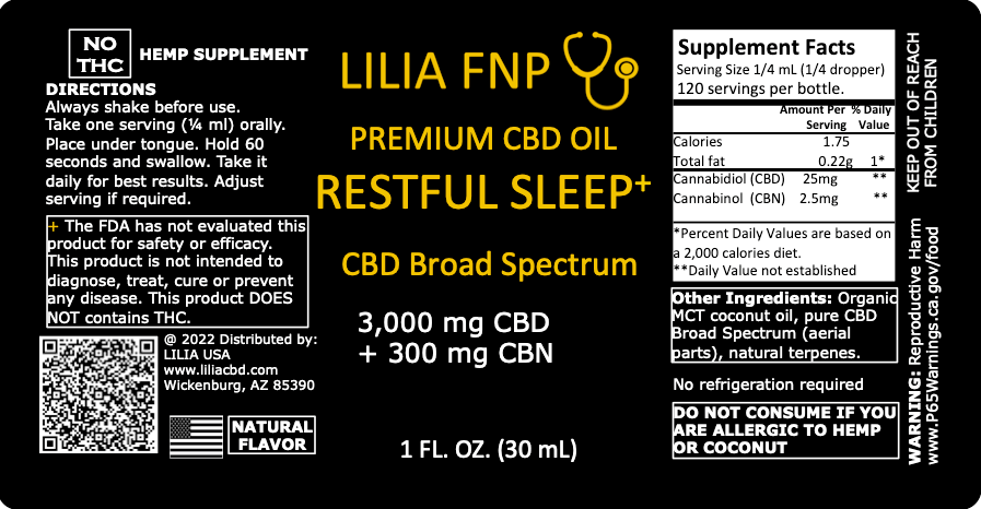 SLEEP CBD OIL – RESTFUL SLEEP BROAD SPECTRUM / 1 fl oz (30 mL). CBD 3,000 mg / CBN 300 mg / ACEITE DE CBD PARA DORMIR DE ESPECTRO AMPLIO